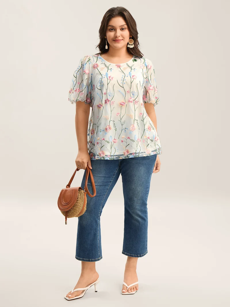 Floral Embroidered Mesh Bubble Sleeve Blouse