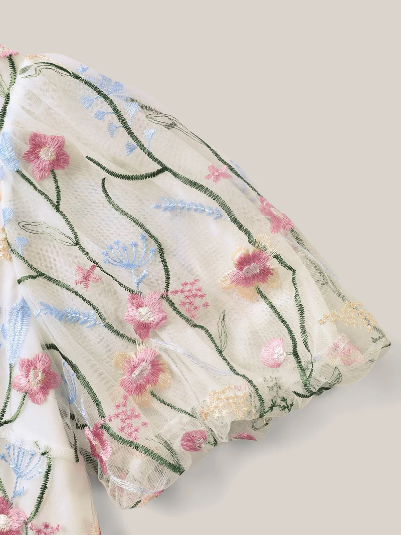 Floral Embroidered Mesh Bubble Sleeve Blouse