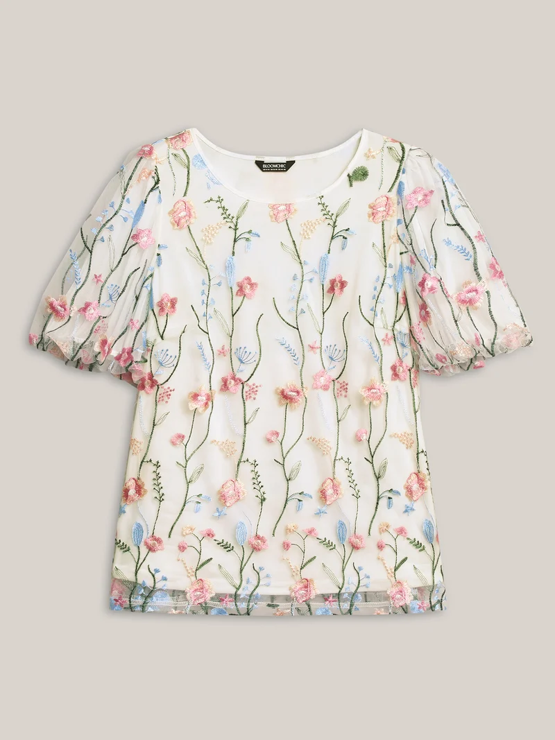 Floral Embroidered Mesh Bubble Sleeve Blouse