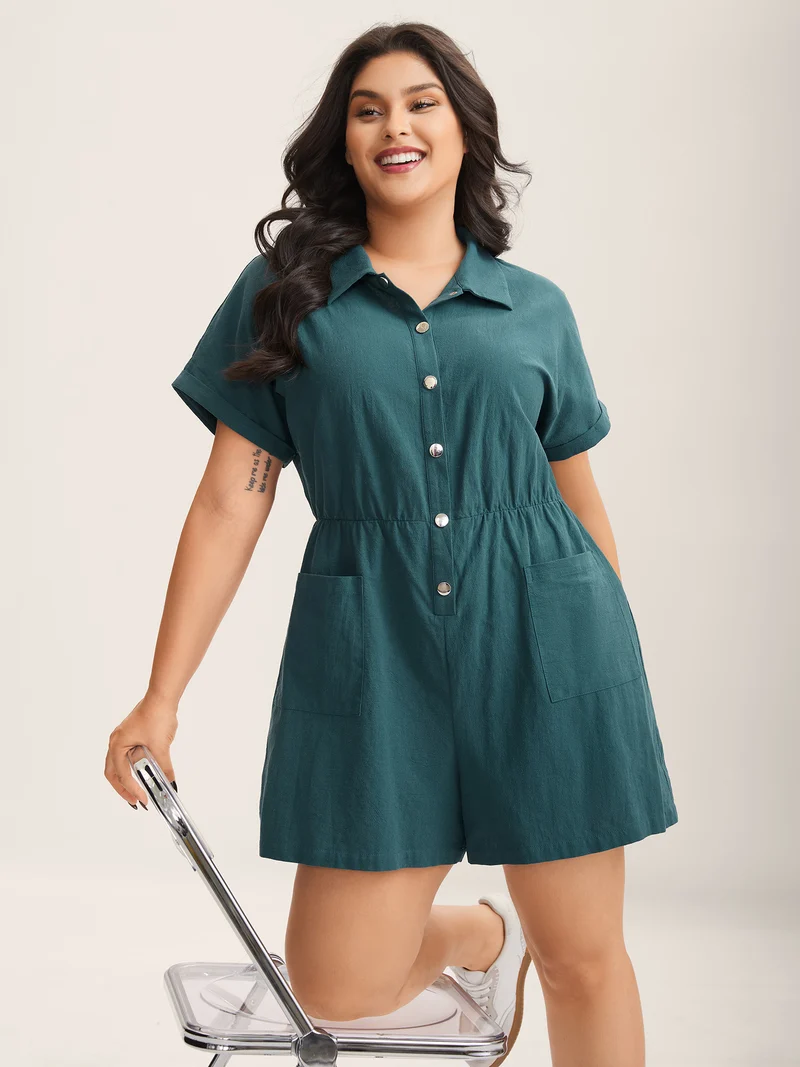 Cotton Button Placket Pockets Romper
