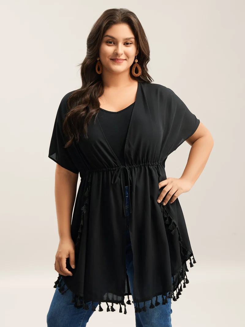 Overlap Hem Waist-Tie Sheer Kimono