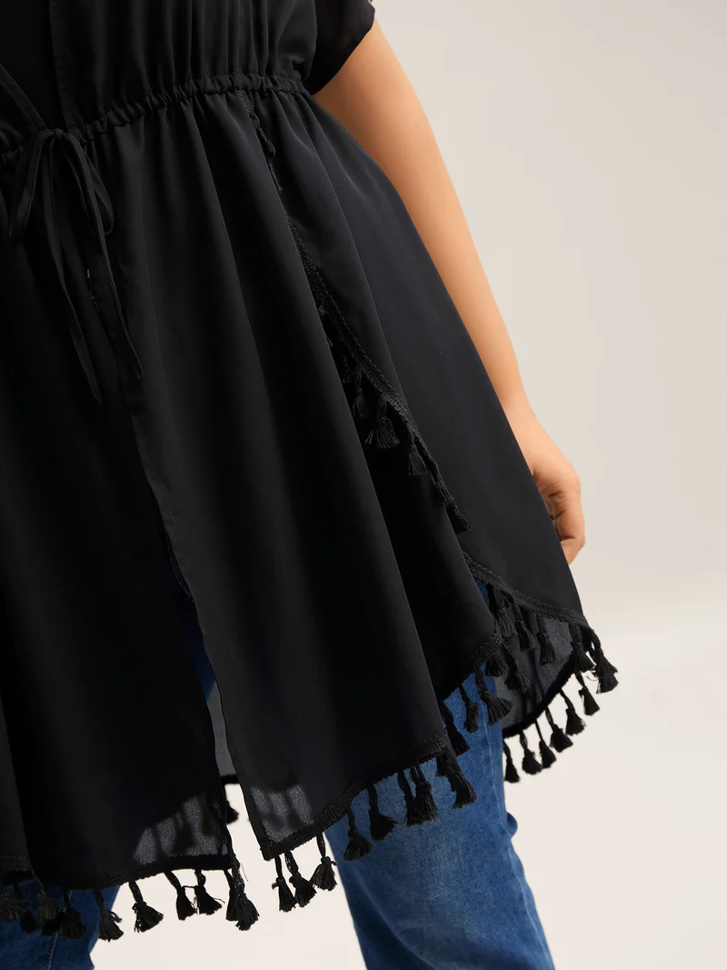 Overlap Hem Waist-Tie Sheer Kimono