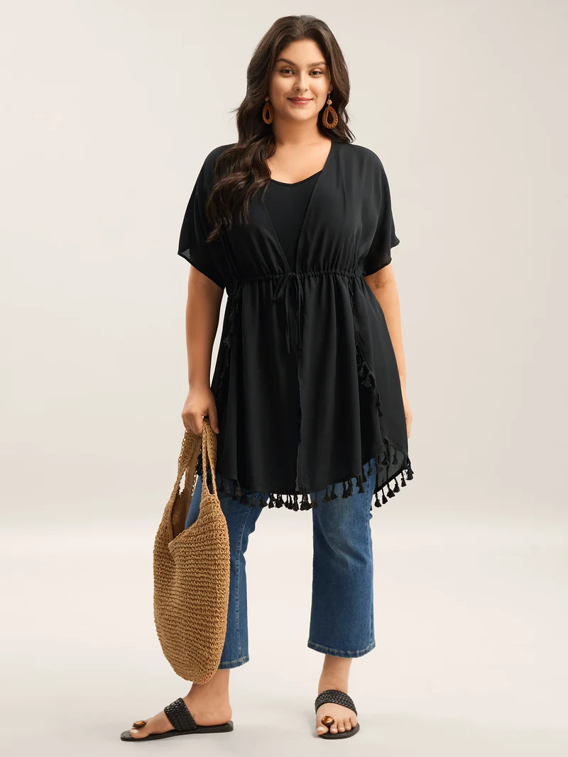 Overlap Hem Waist-Tie Sheer Kimono