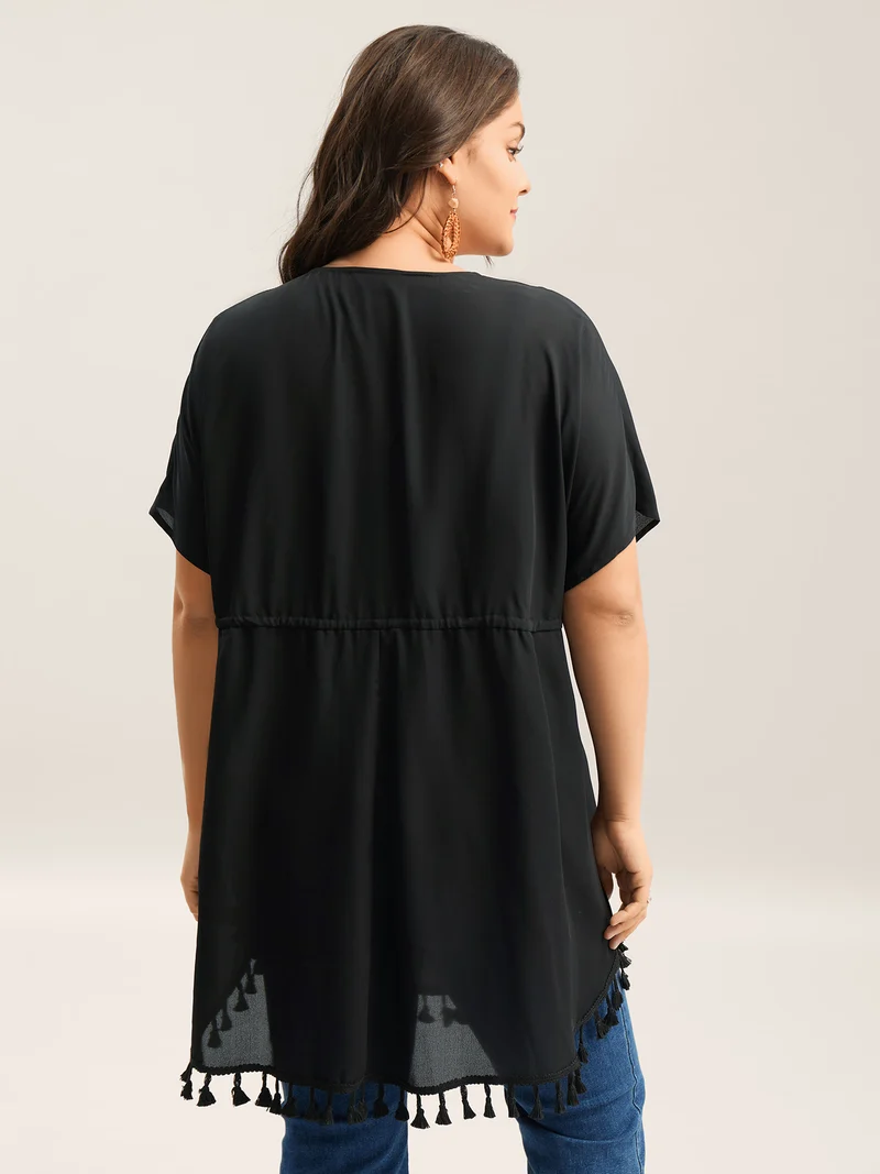 Overlap Hem Waist-Tie Sheer Kimono