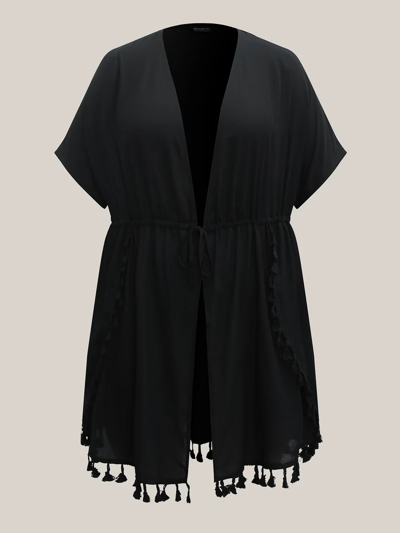 Overlap Hem Waist-Tie Sheer Kimono