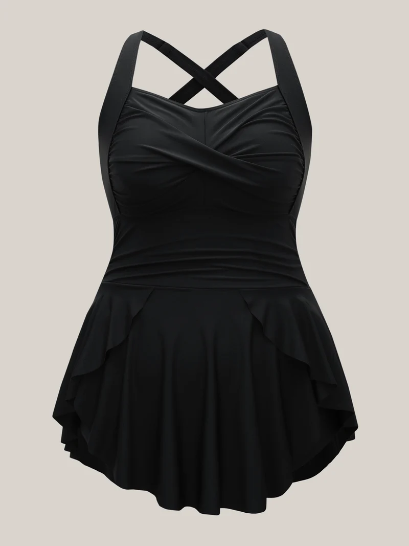 Twist Front Ruched Ruffled Swim Dress