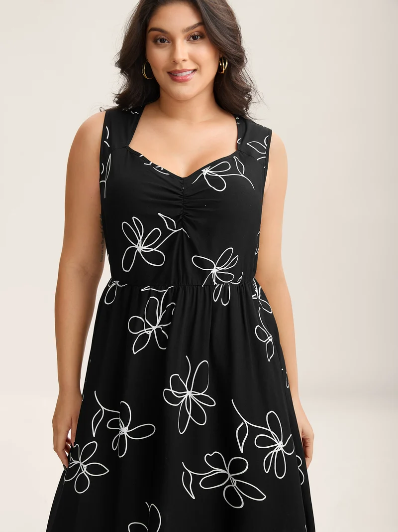 Rayon Floral Stretchy Waist Midi Dress