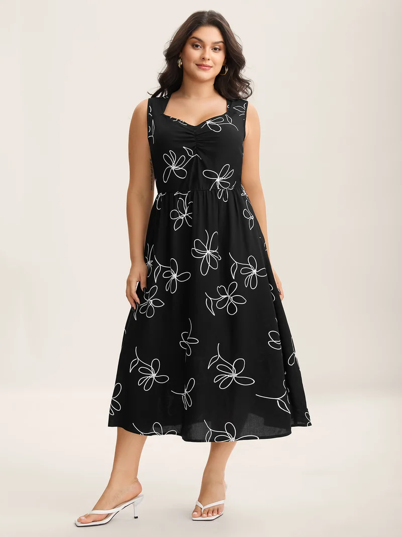 Rayon Floral Stretchy Waist Midi Dress