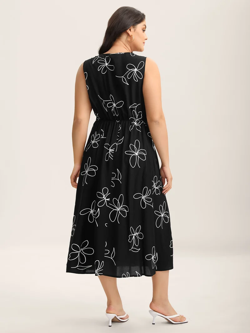 Rayon Floral Stretchy Waist Midi Dress