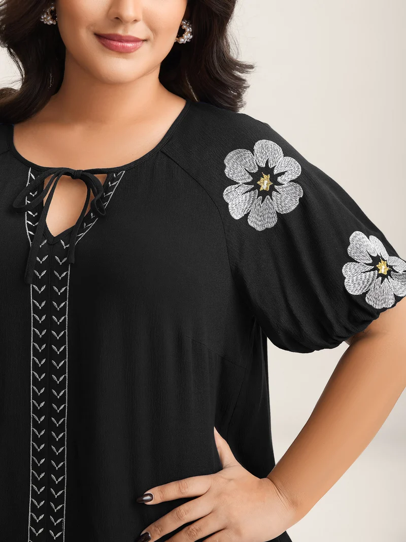 Floral Embroidery Textured Neck Tie Blouse