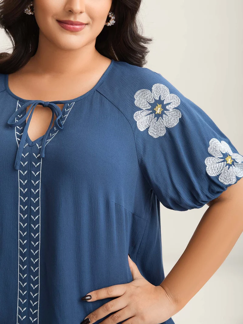 Floral Embroidery Textured Neck Tie Blouse