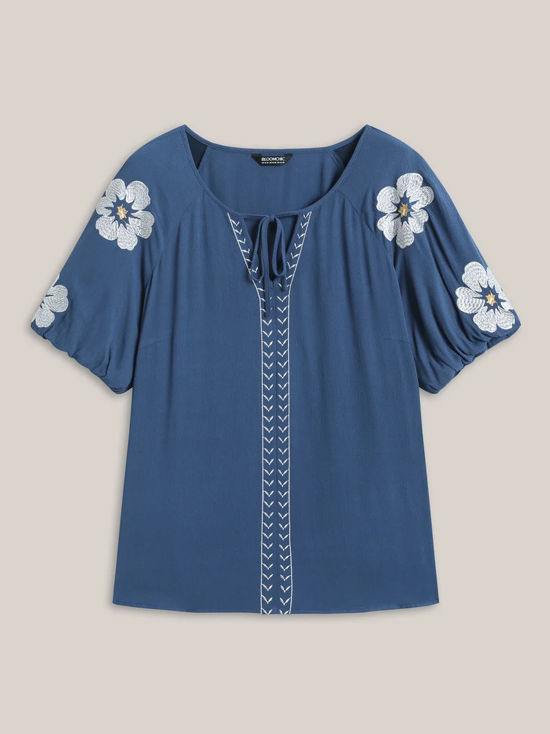 Floral Embroidery Textured Neck Tie Blouse
