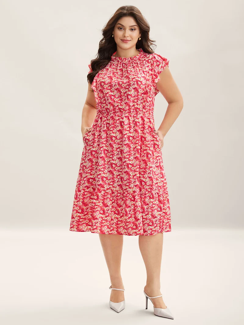Ruffled Neck Floral Print Tiered Midi Dress
