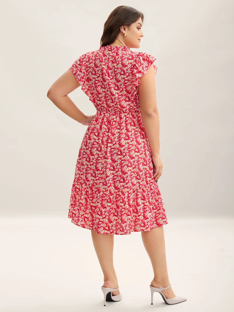 Ruffled Neck Floral Print Tiered Midi Dress