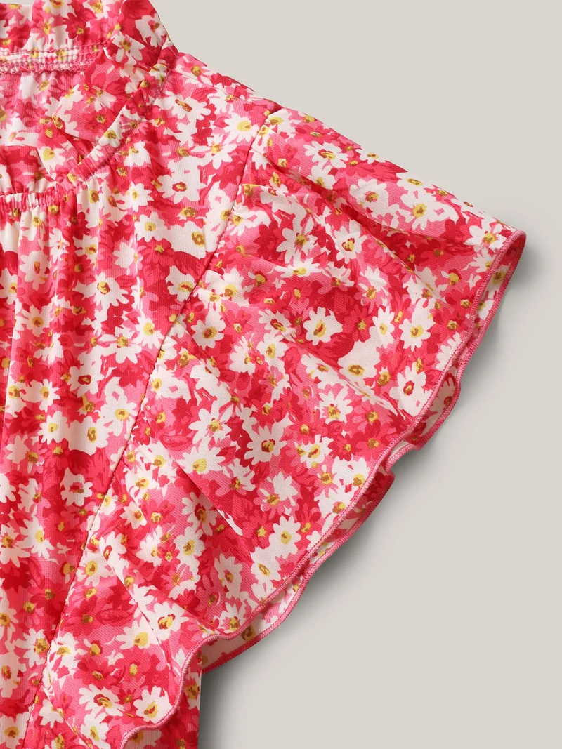 Ruffled Neck Floral Print Tiered Midi Dress