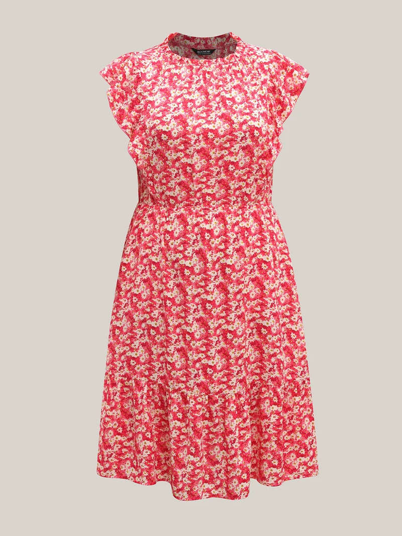 Ruffled Neck Floral Print Tiered Midi Dress