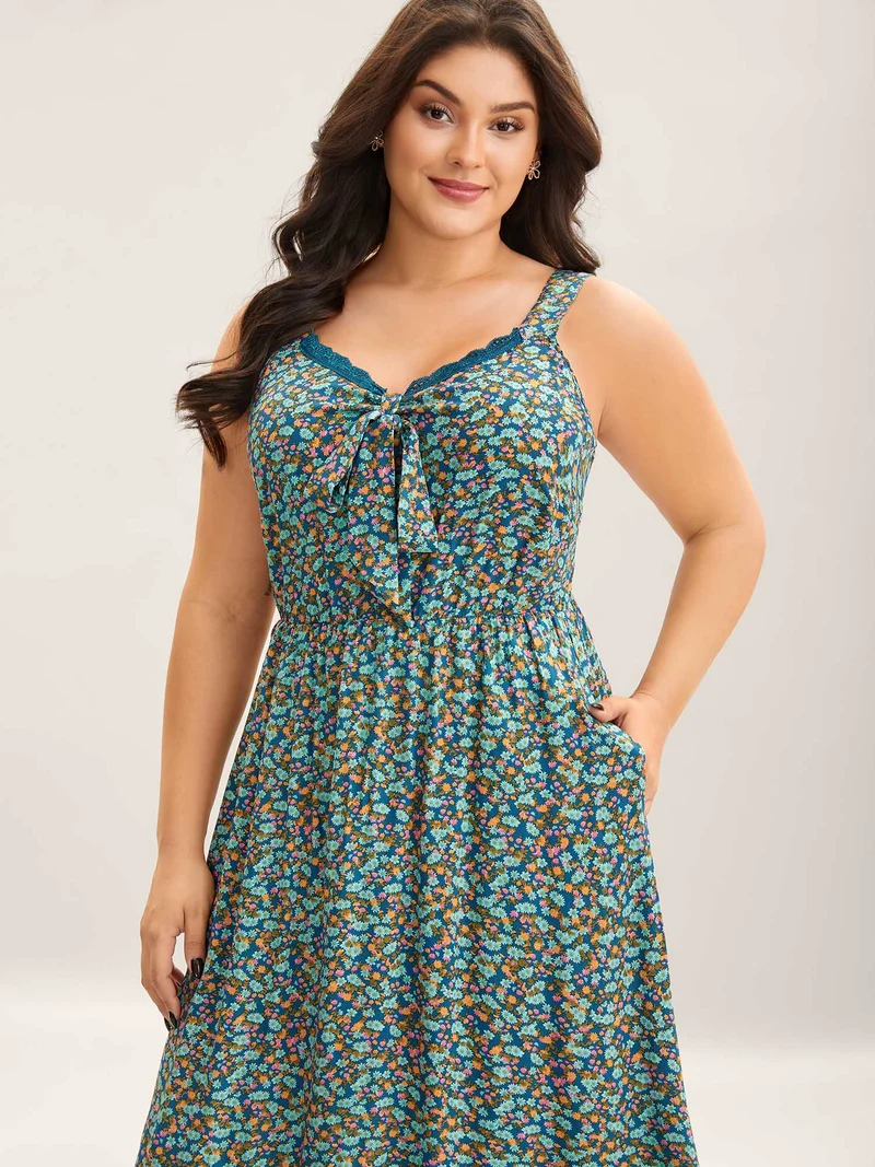 Ditsy Floral Print Neck Ribbon Midi Dress