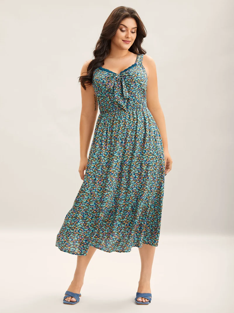 Ditsy Floral Print Neck Ribbon Midi Dress