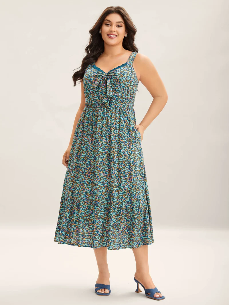 Ditsy Floral Print Neck Ribbon Midi Dress