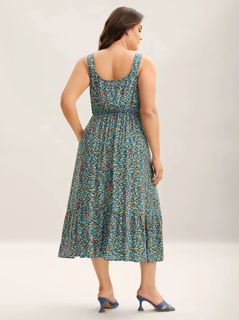 Ditsy Floral Print Neck Ribbon Midi Dress