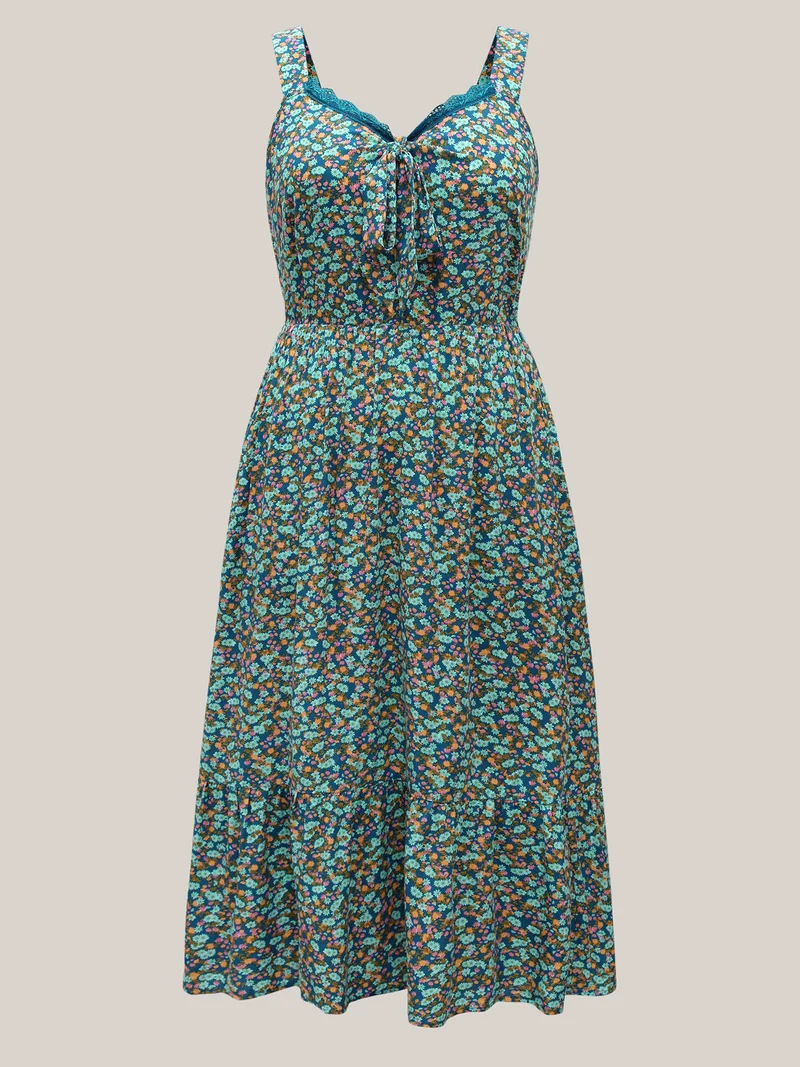 Ditsy Floral Print Neck Ribbon Midi Dress
