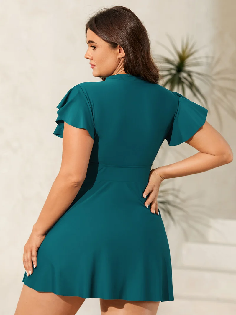 Ruffled Zipper Flutter Sleeve Swim Dress