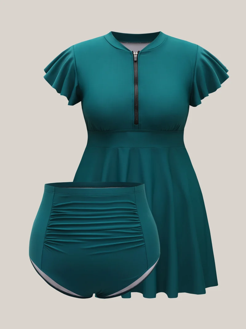 Ruffled Zipper Flutter Sleeve Swim Dress