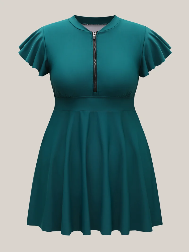 Ruffled Zipper Flutter Sleeve Swim Dress