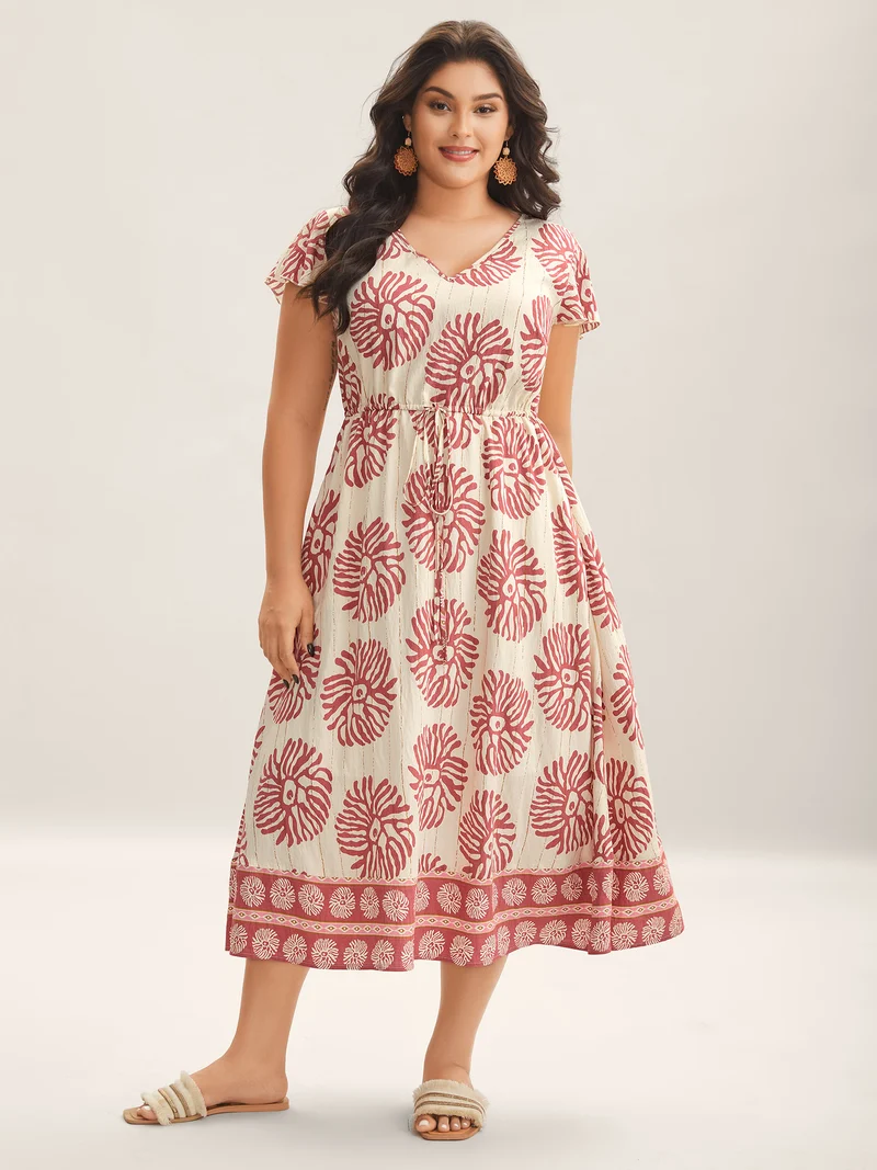Breezy Boho Print Drawstring Waist Midi Dress