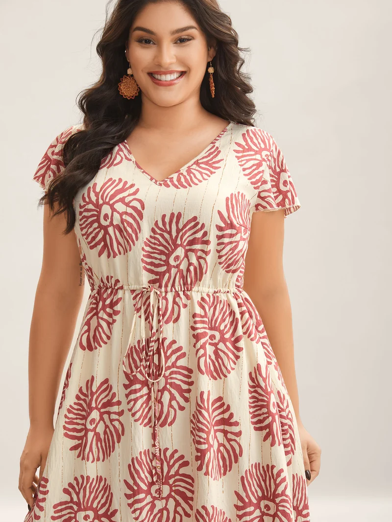 Breezy Boho Print Drawstring Waist Midi Dress