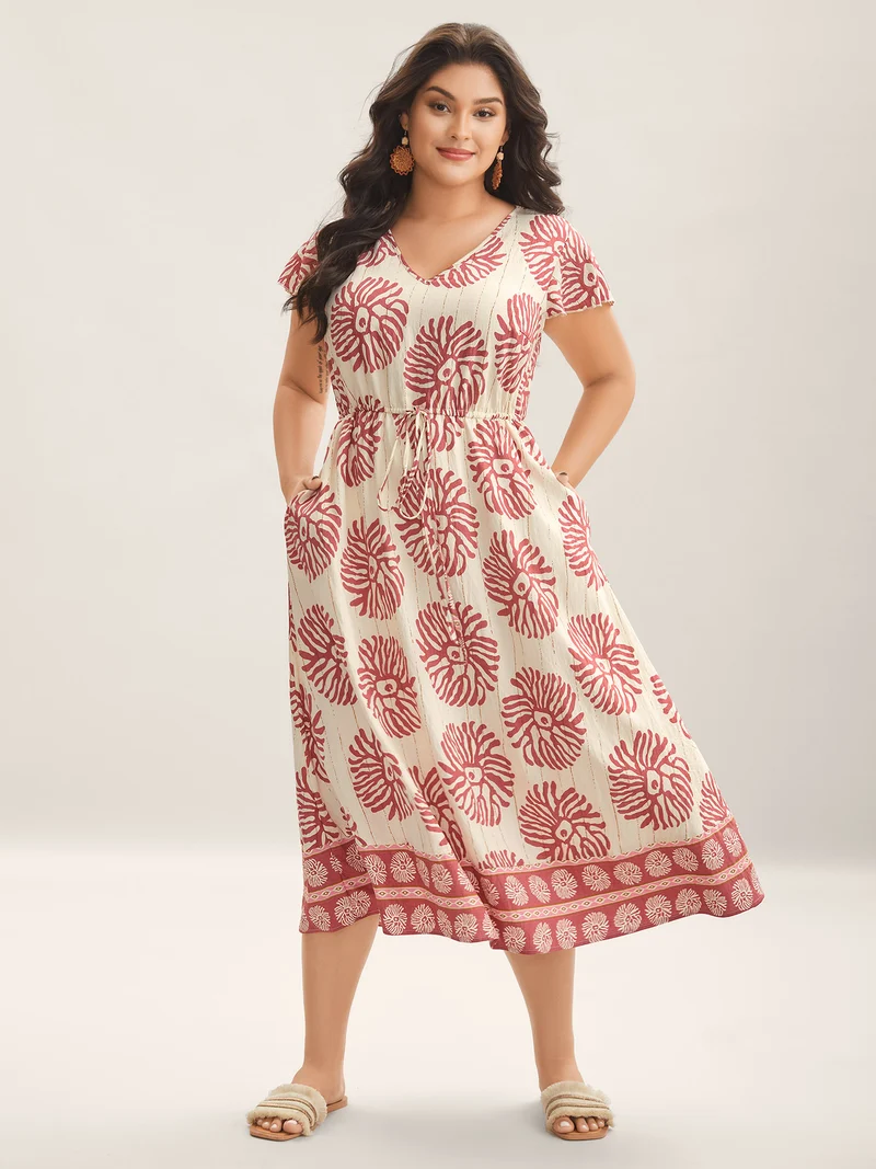 Breezy Boho Print Drawstring Waist Midi Dress