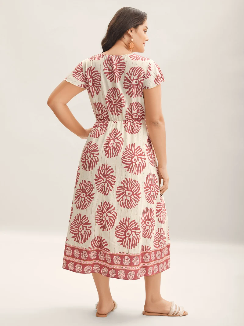 Breezy Boho Print Drawstring Waist Midi Dress