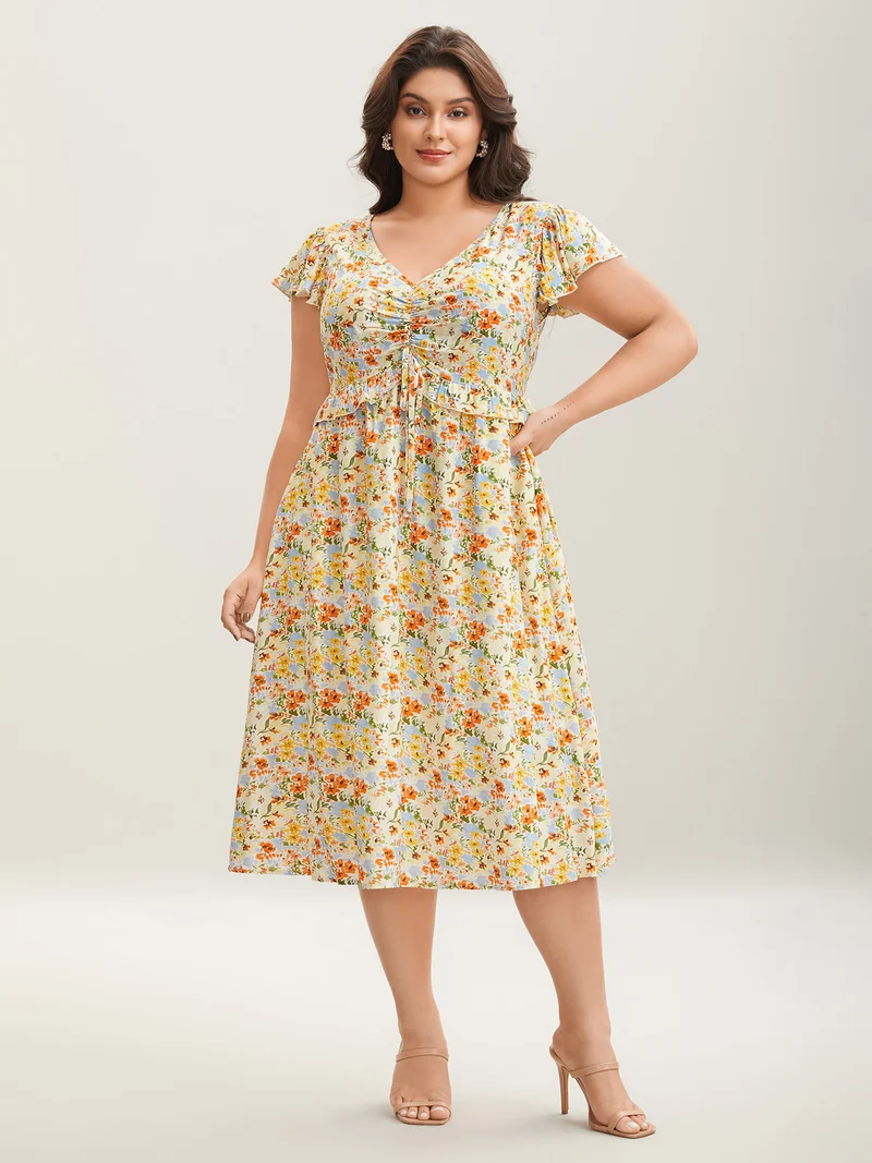 Floral Print Ruched Pockets Midi Dress