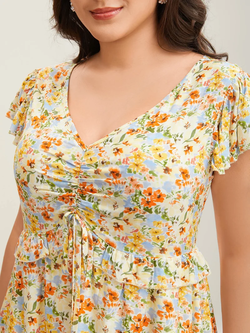 Floral Print Ruched Pockets Midi Dress