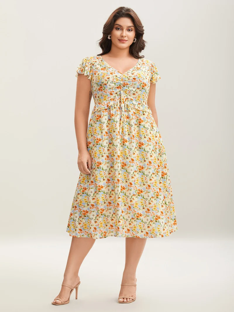 Floral Print Ruched Pockets Midi Dress