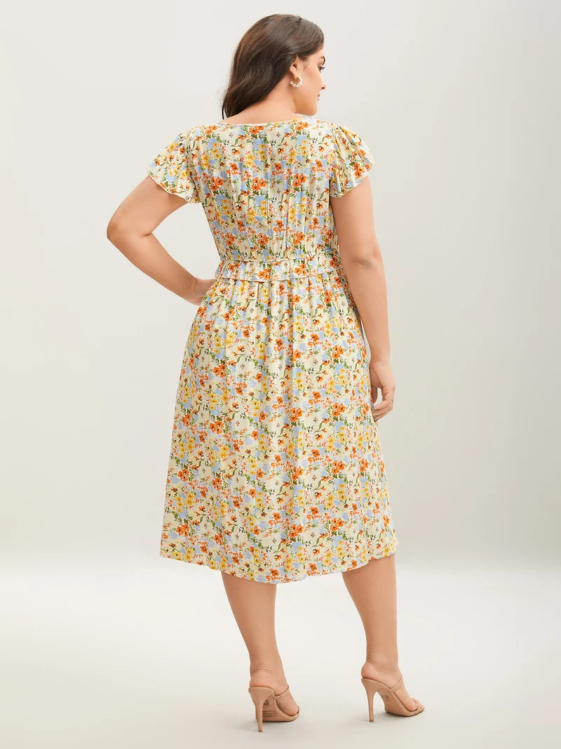 Floral Print Ruched Pockets Midi Dress