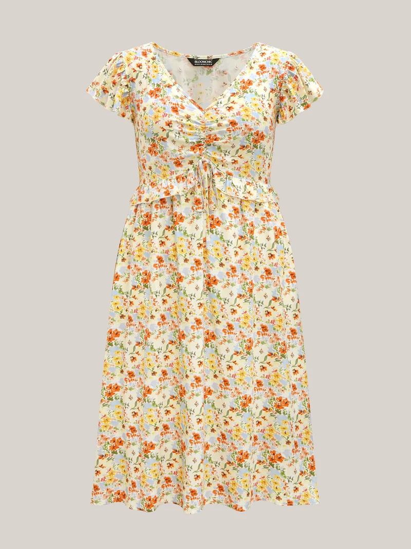 Floral Print Ruched Pockets Midi Dress