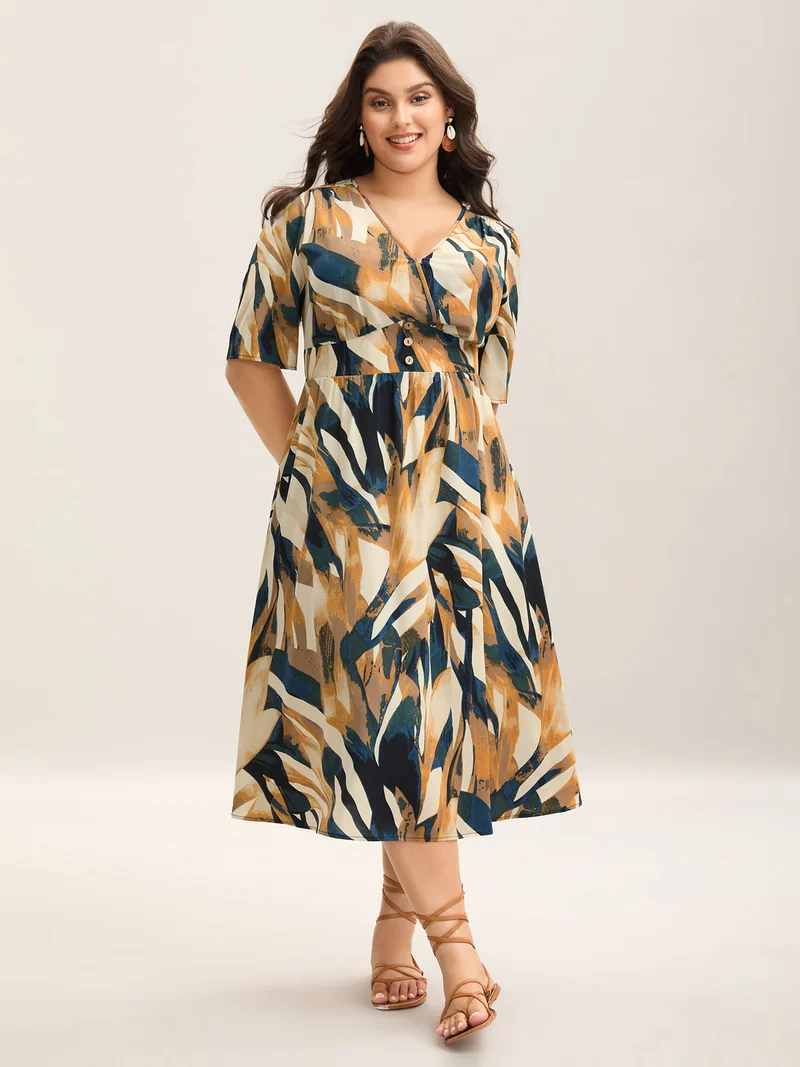 Abstract Print Triangular Waist Midi Dress