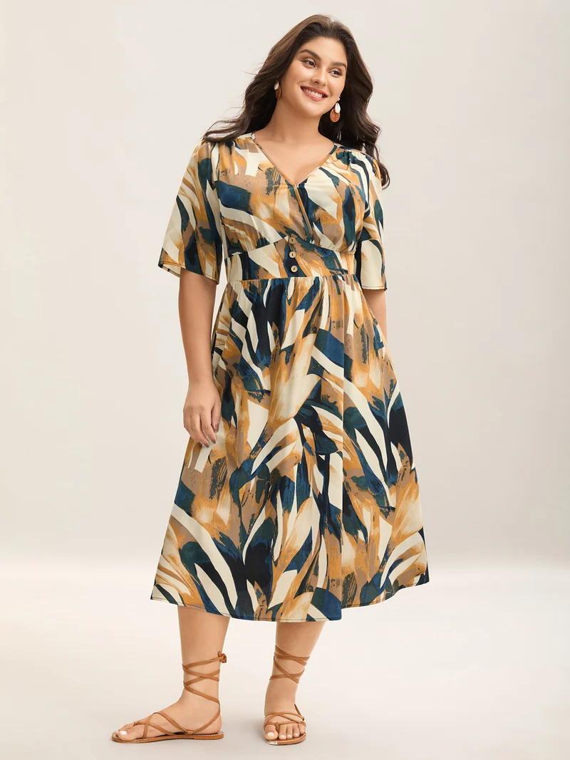 Abstract Print Triangular Waist Midi Dress