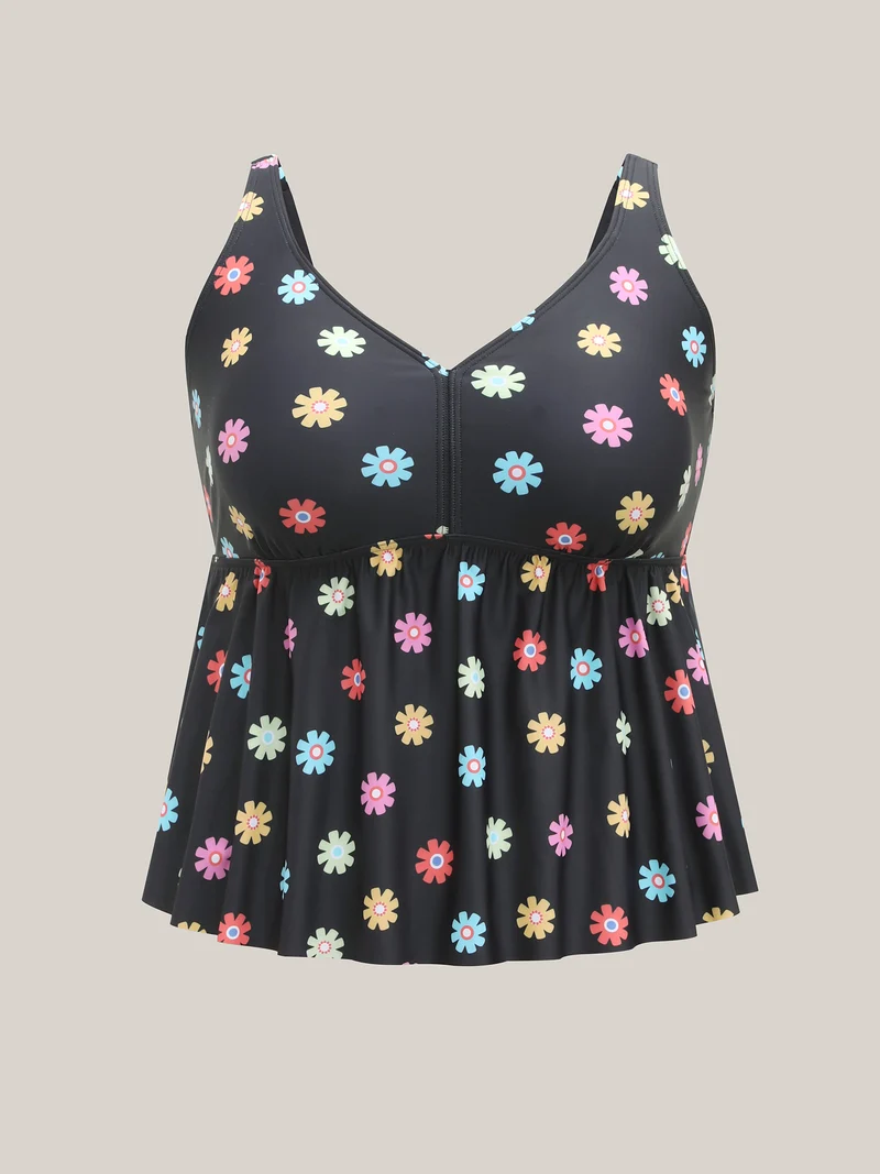 Multi-Color Floral Pattern Flared Swim Top
