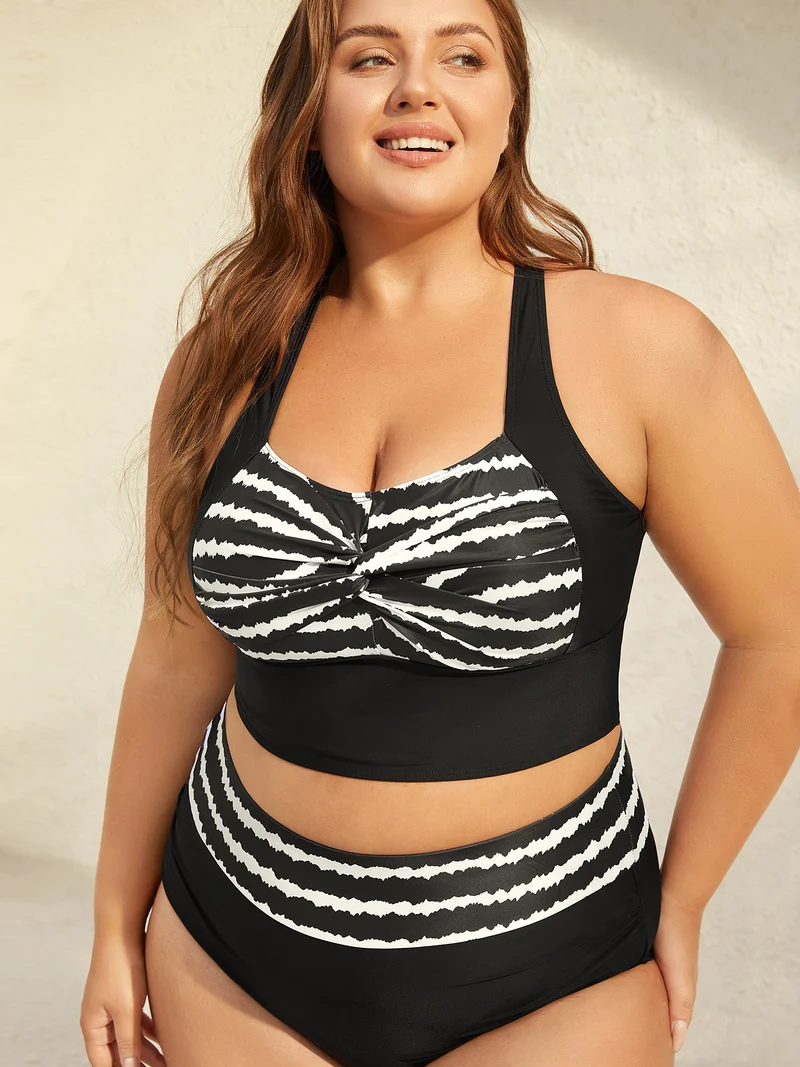 Striped Twisted Front Cross-Straps Swim Top