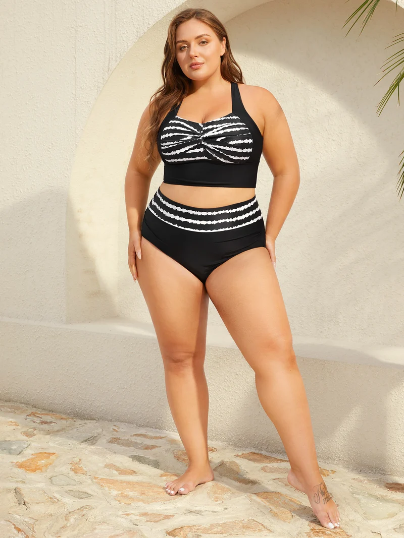 Striped Twisted Front Cross-Straps Swim Top