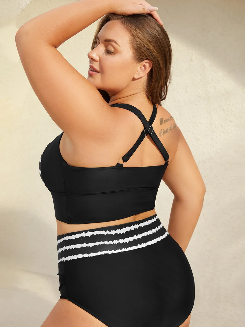 Striped Twisted Front Cross-Straps Swim Top