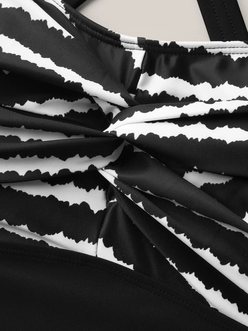 Striped Twisted Front Cross-Straps Swim Top
