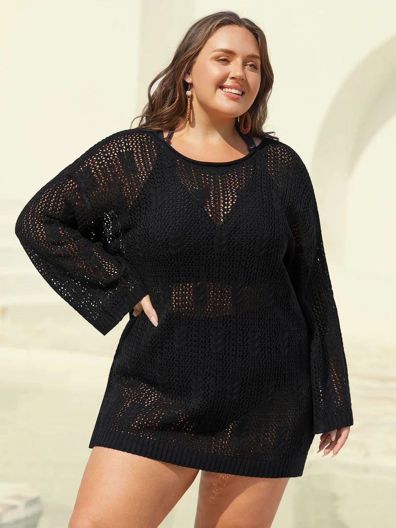 Sheer Cable Knit Long Sleeve Swim Blouse