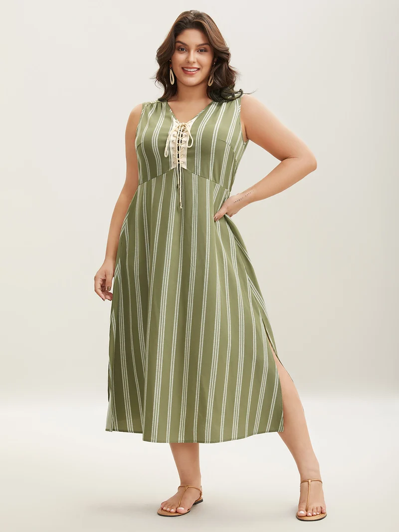 Solid Stripes Bust Lace-Up Midi Dress