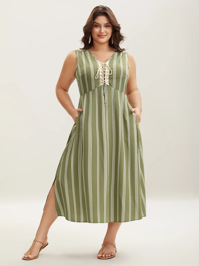 Solid Stripes Bust Lace-Up Midi Dress