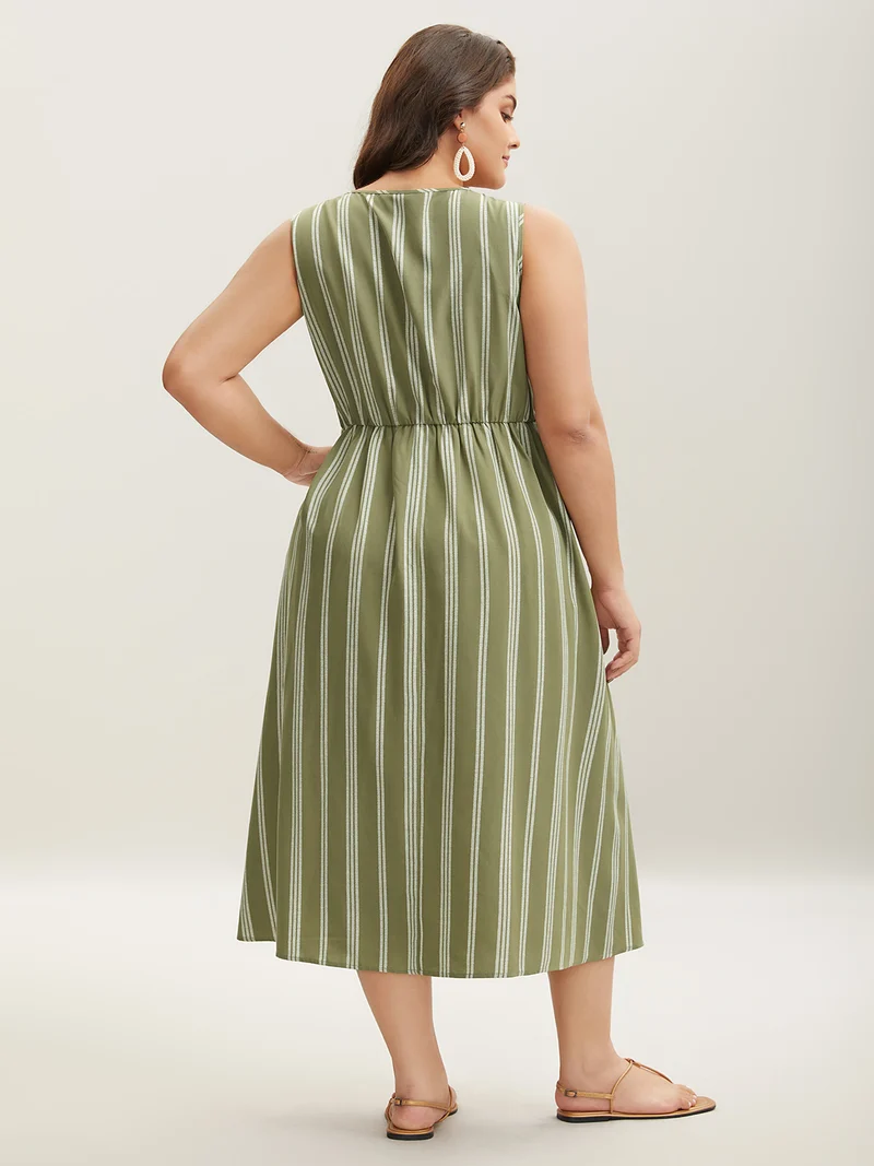 Solid Stripes Bust Lace-Up Midi Dress