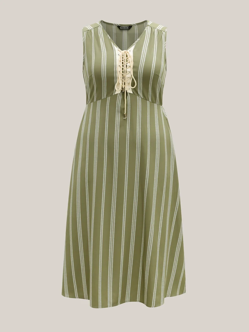 Solid Stripes Bust Lace-Up Midi Dress
