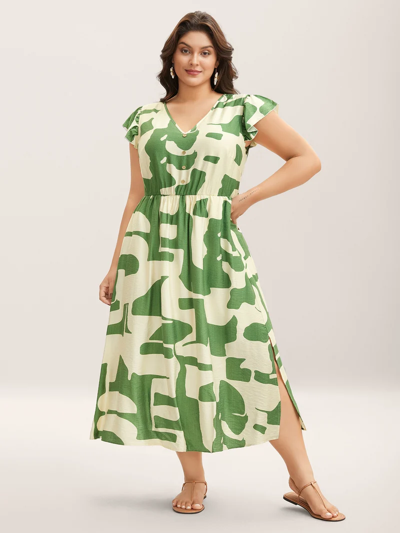 Geometric Print Cinched-Waist Button Midi Dress